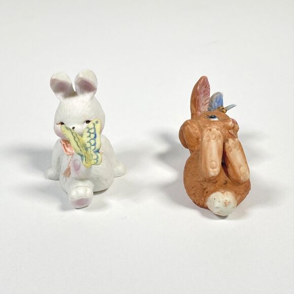 Vtg Porcelain Mini Rabbit Figurines Butterfly White Brown Bunny Matte Ceramic - Picture 10 of 11